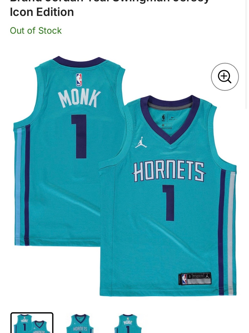 Jordan Teal and Purple Charlotte Hornets Monk #1 Jersey